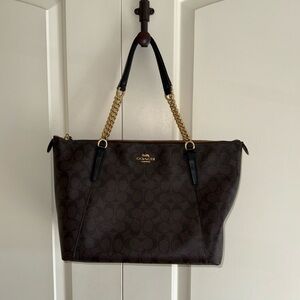Coach Dark Brown Tote with Gold Chain